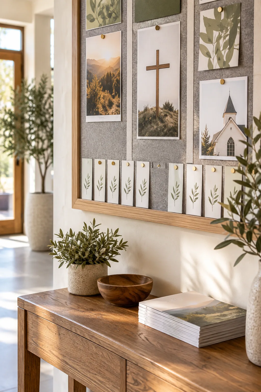 A row of tear-off prayer cards at the bottom edge of a bulletin board, mounted above a wooden console.