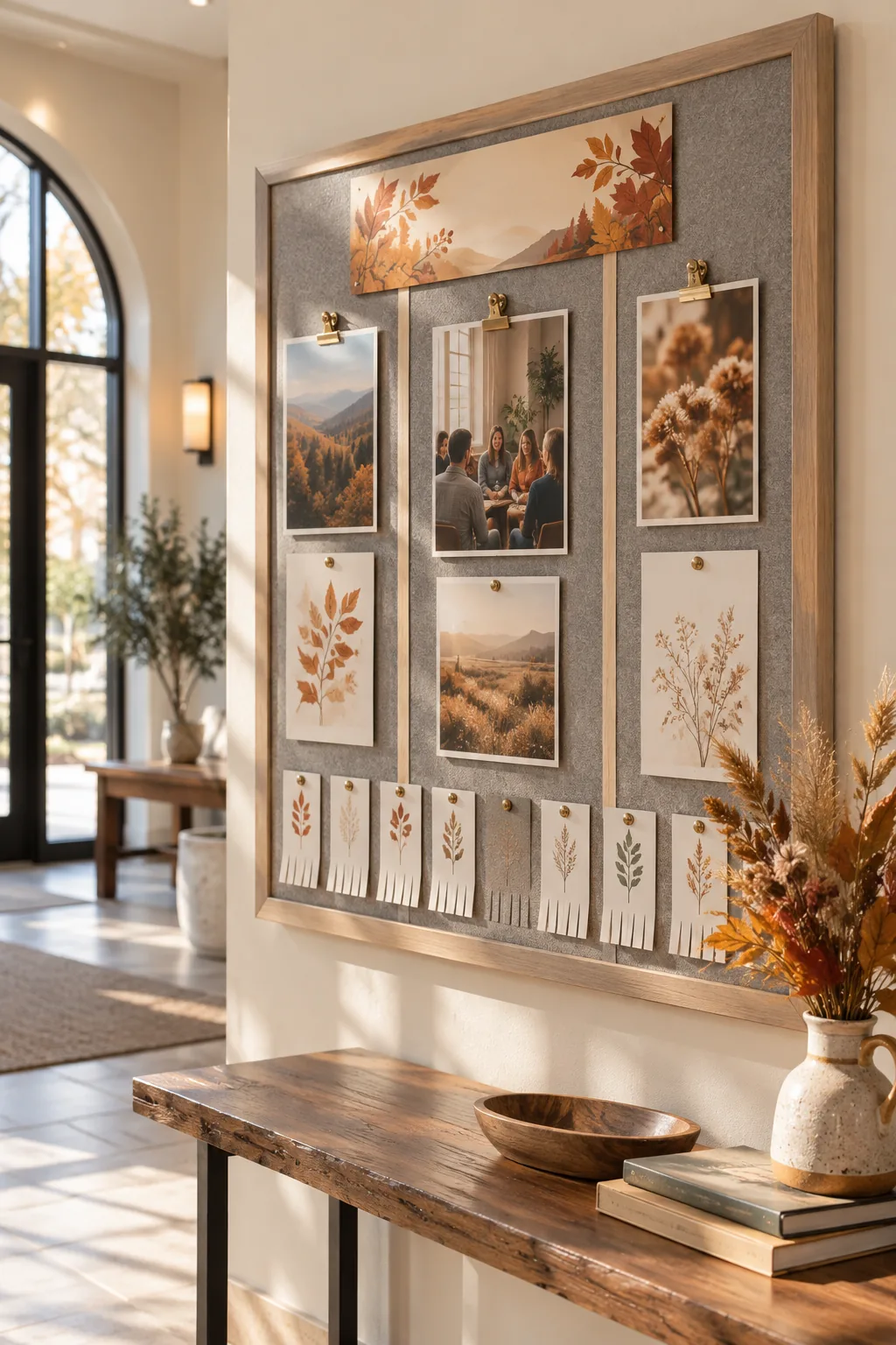 A bulletin board with a Fall Small Groups header, styled with dried autumn grasses on the table below.