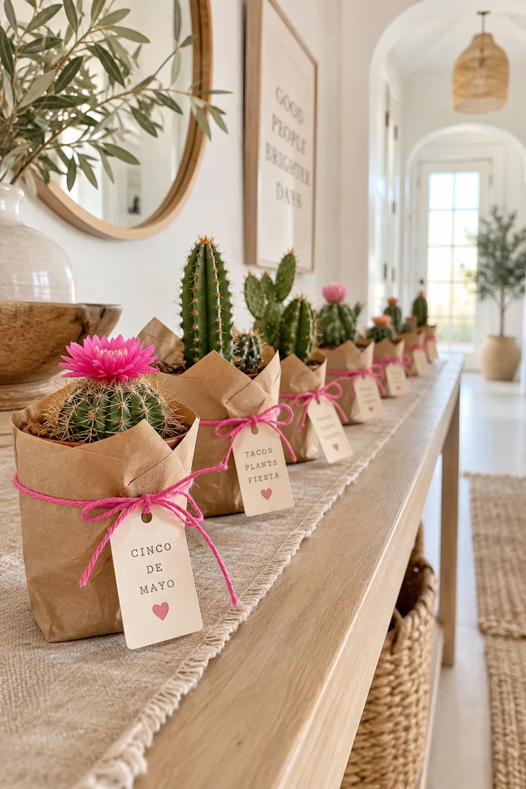 A row of small potted cactus plants wrapped in brown kraft paper and tied with neon pink string.