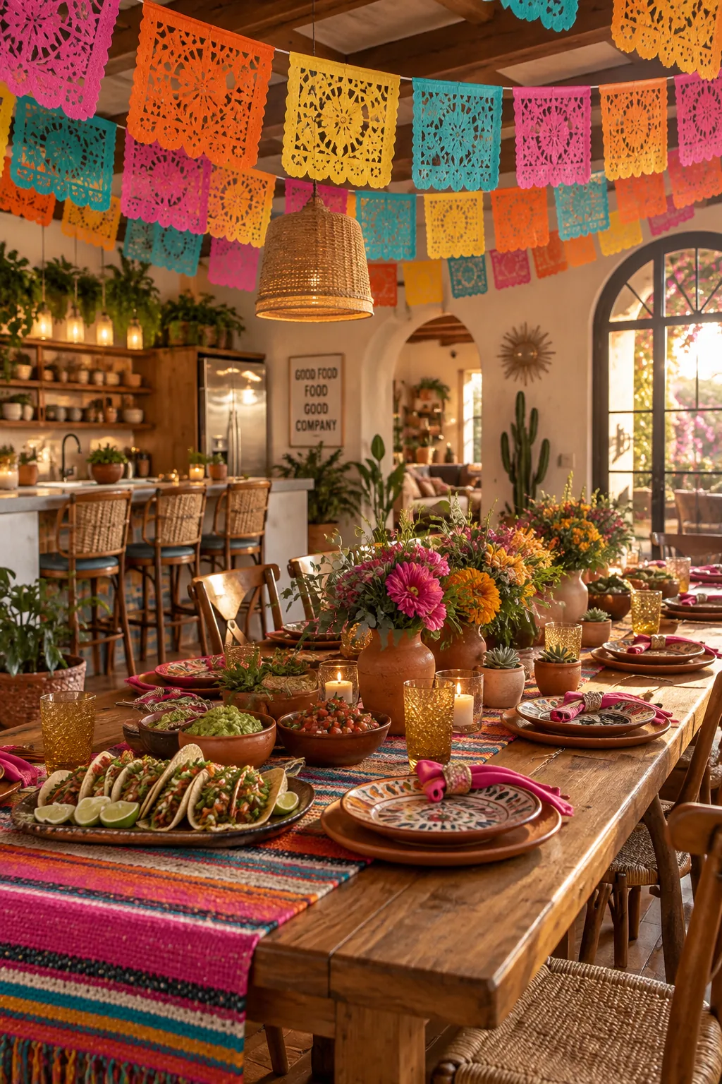 Colorful Mexican tissue paper banners strung across a white ceiling above a dining area.