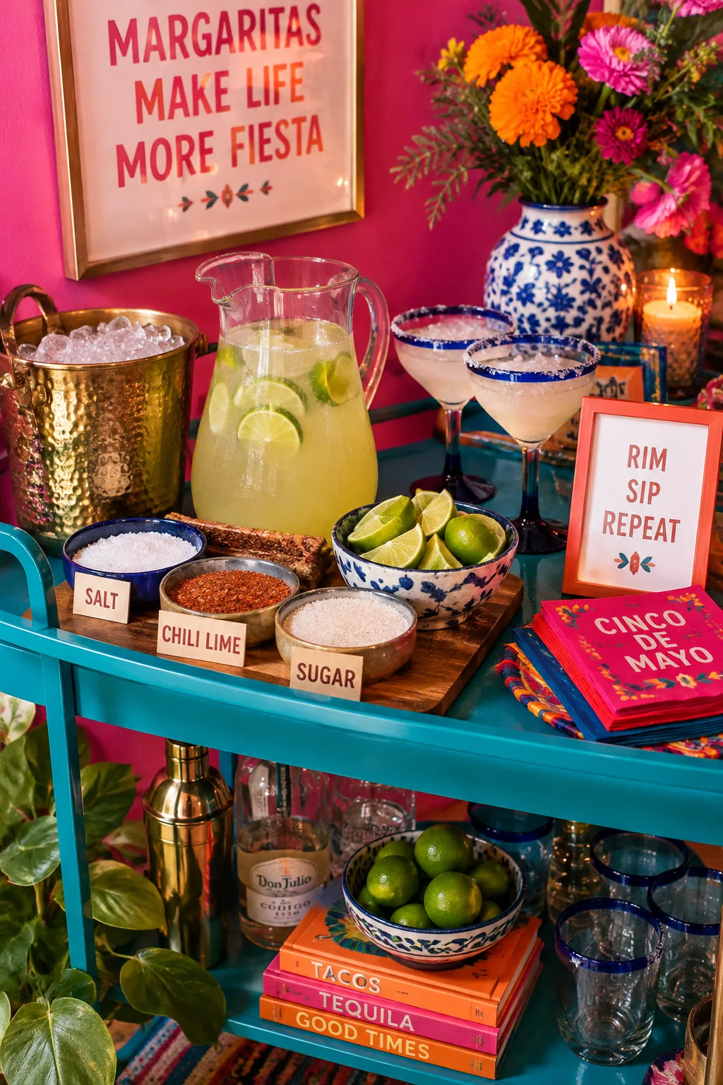 A bar cart setup with three small wooden bowls containing salt, sugar, and red chili lime seasoning next to margarita glasses.