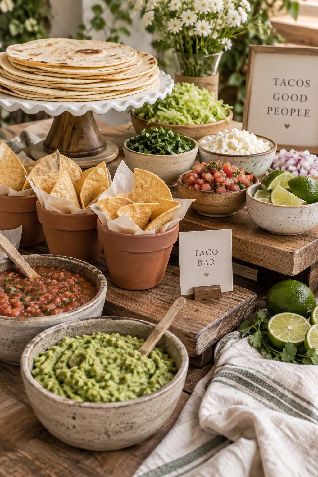 A taco bar buffet utilizing wooden cake stands and terracotta pots to display ingredients at different heights.