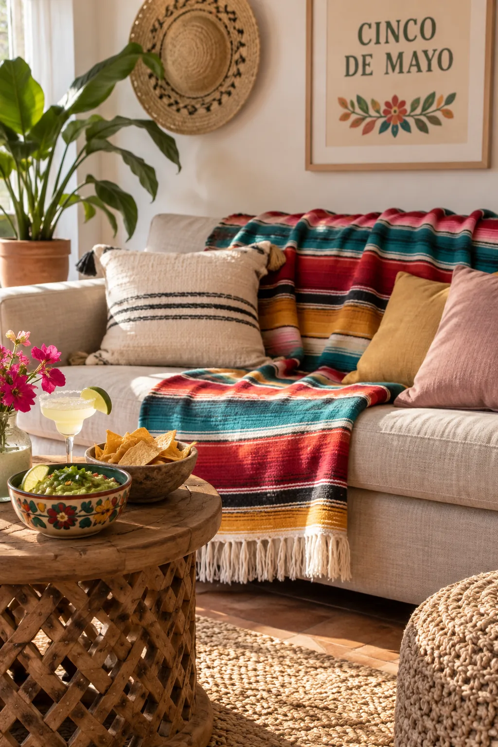 A bright striped Mexican serape blanket draped casually over a white outdoor patio sofa.