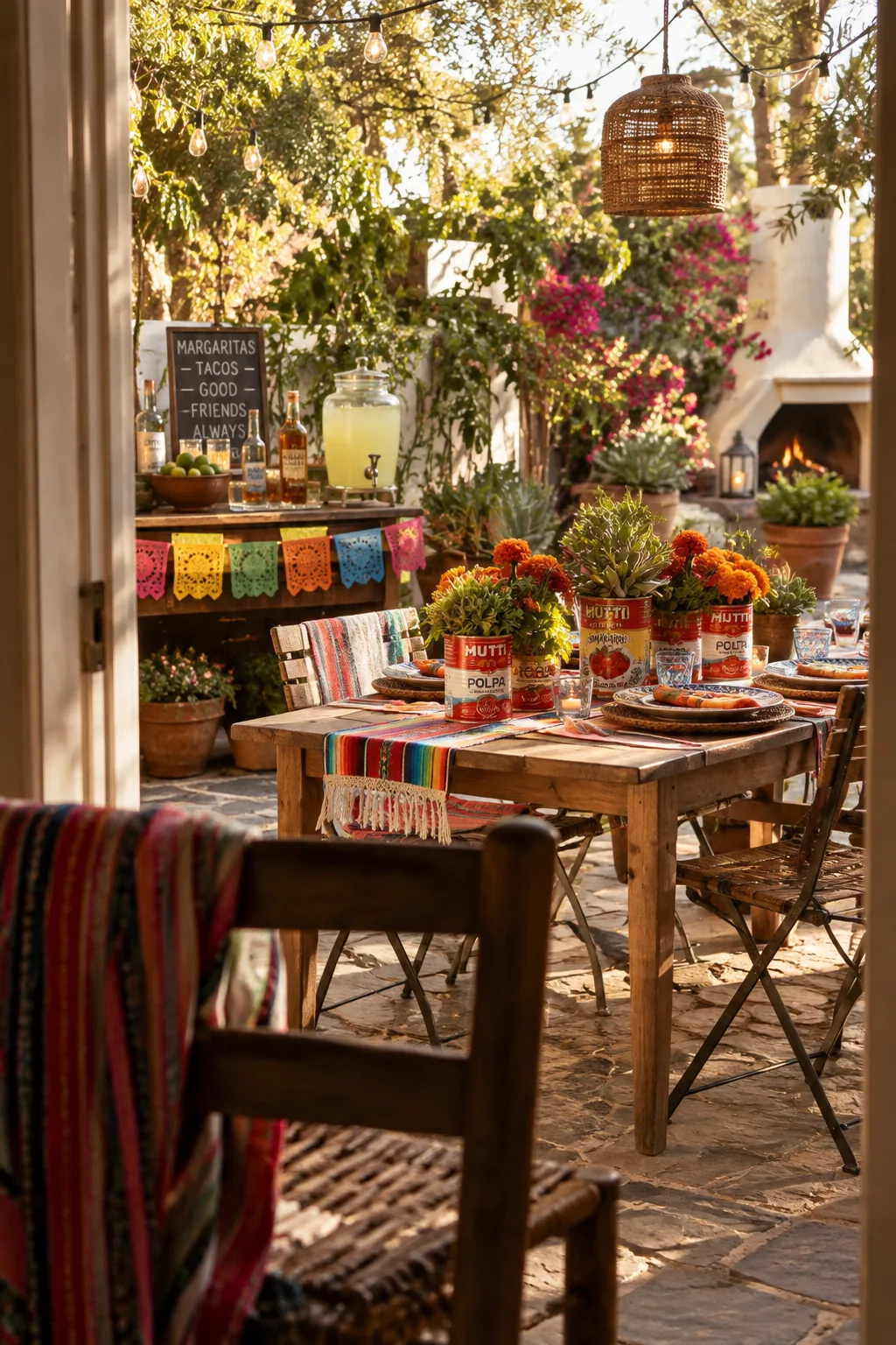 Empty vintage-style tomato cans repurposed as small vases holding bright orange marigolds and green succulents.