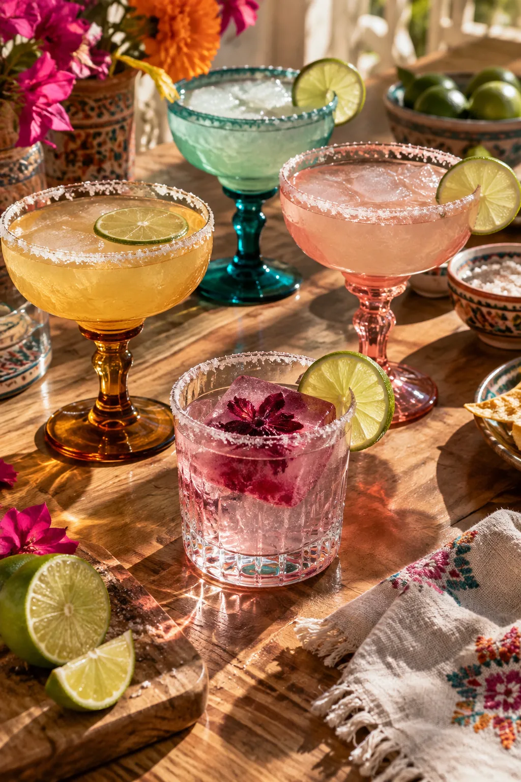 A party table set with a mix of amber, teal, and pink vintage glass goblets.