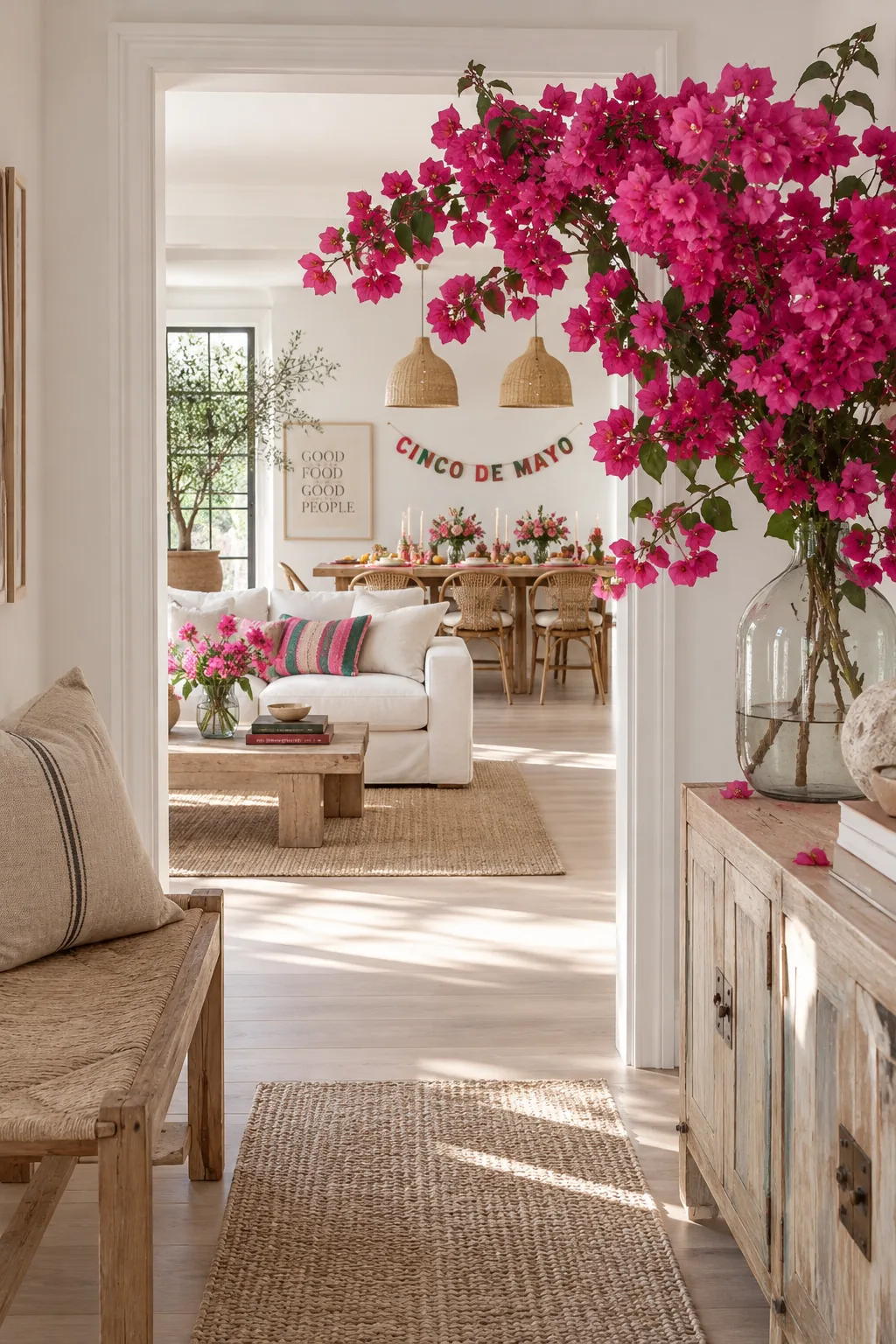 A large clear glass jug filled with tall, bright pink bougainvillea branches on a kitchen island.