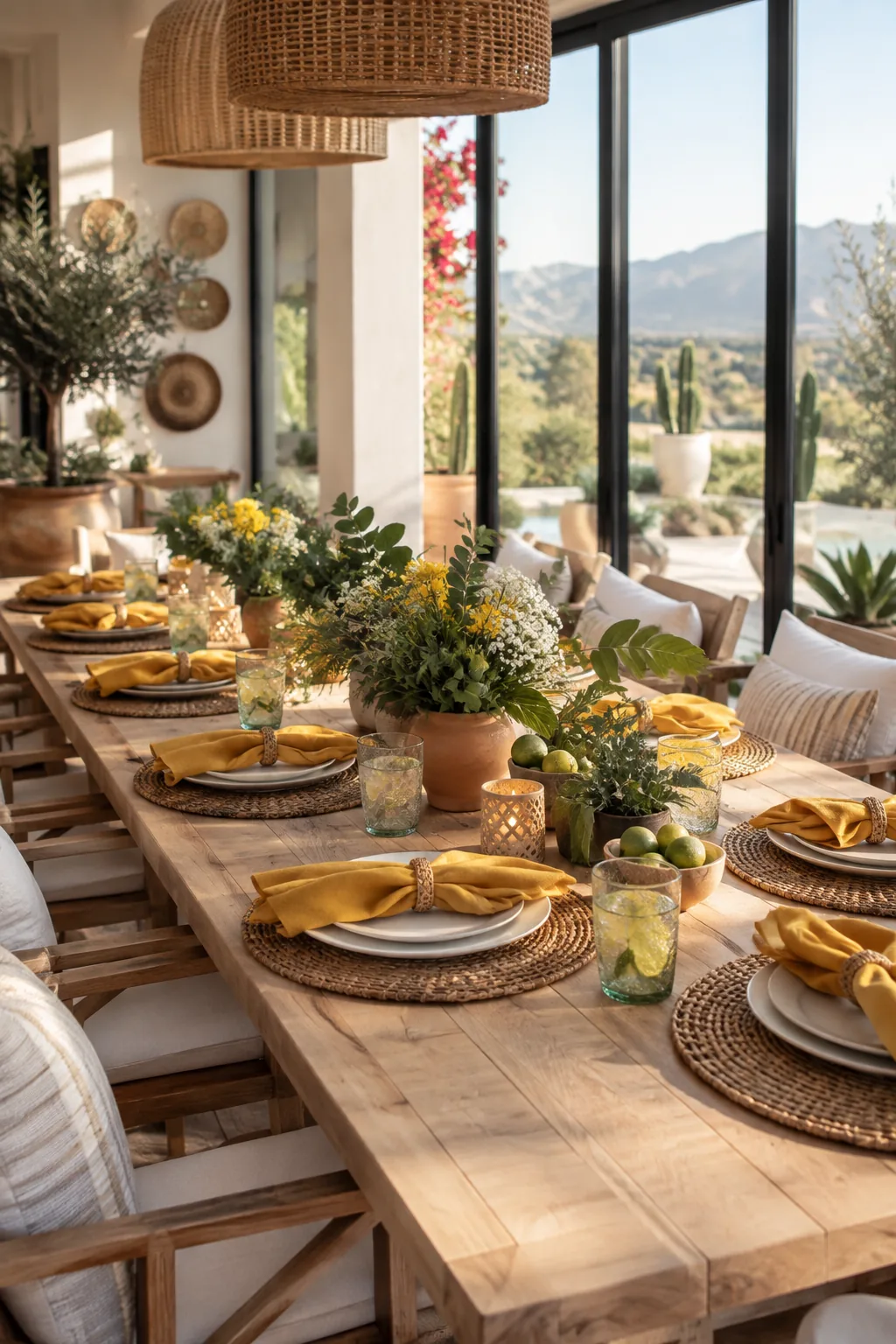 A table setting featuring a round woven rattan placemat, a white plate, and a mustard yellow napkin.