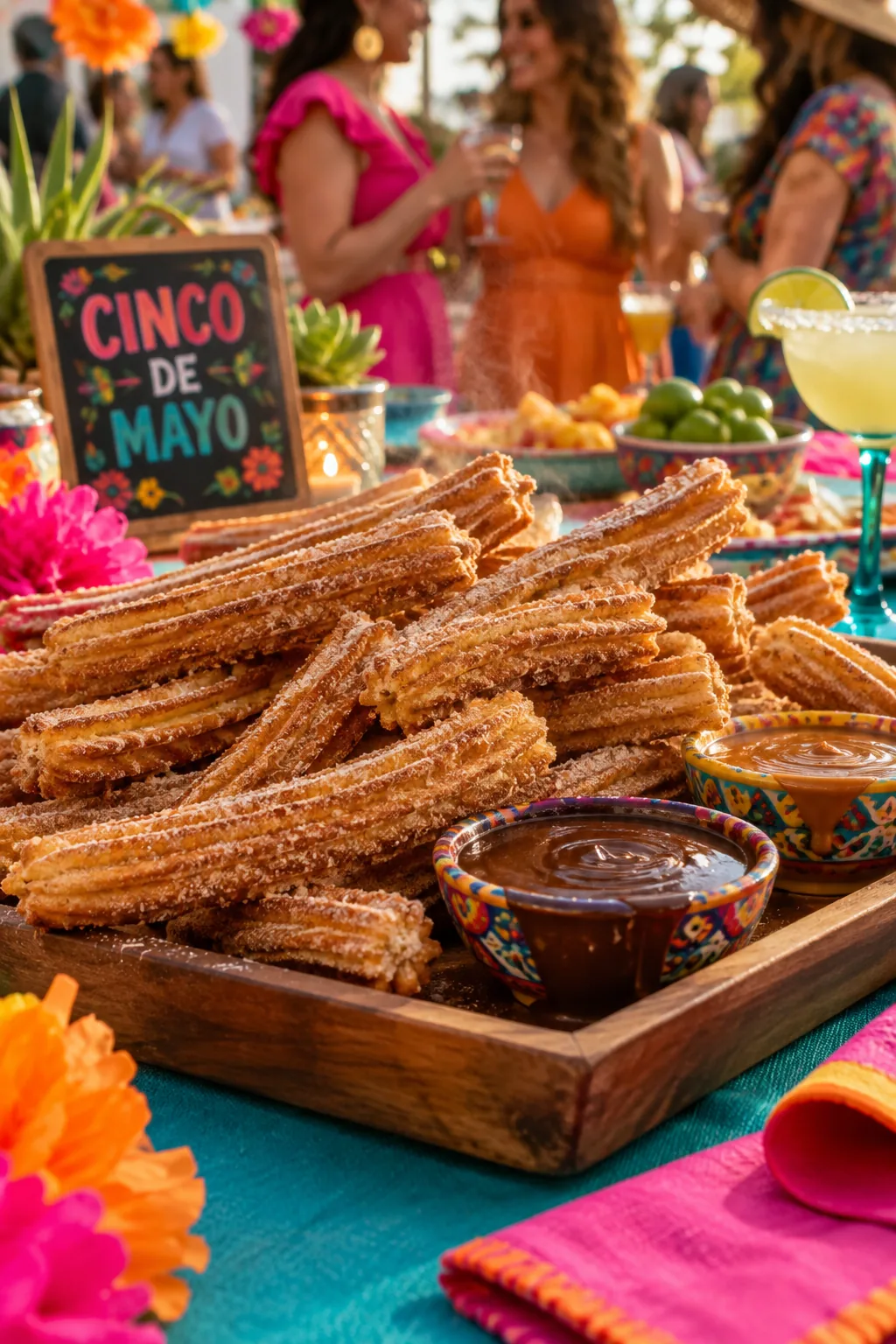 A large wooden board piled high with cinnamon sugar churros and three small bowls of dipping sauces.