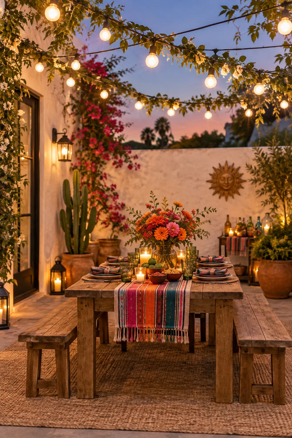 Round cafe string lights zigzagging over an outdoor patio dining table at dusk.