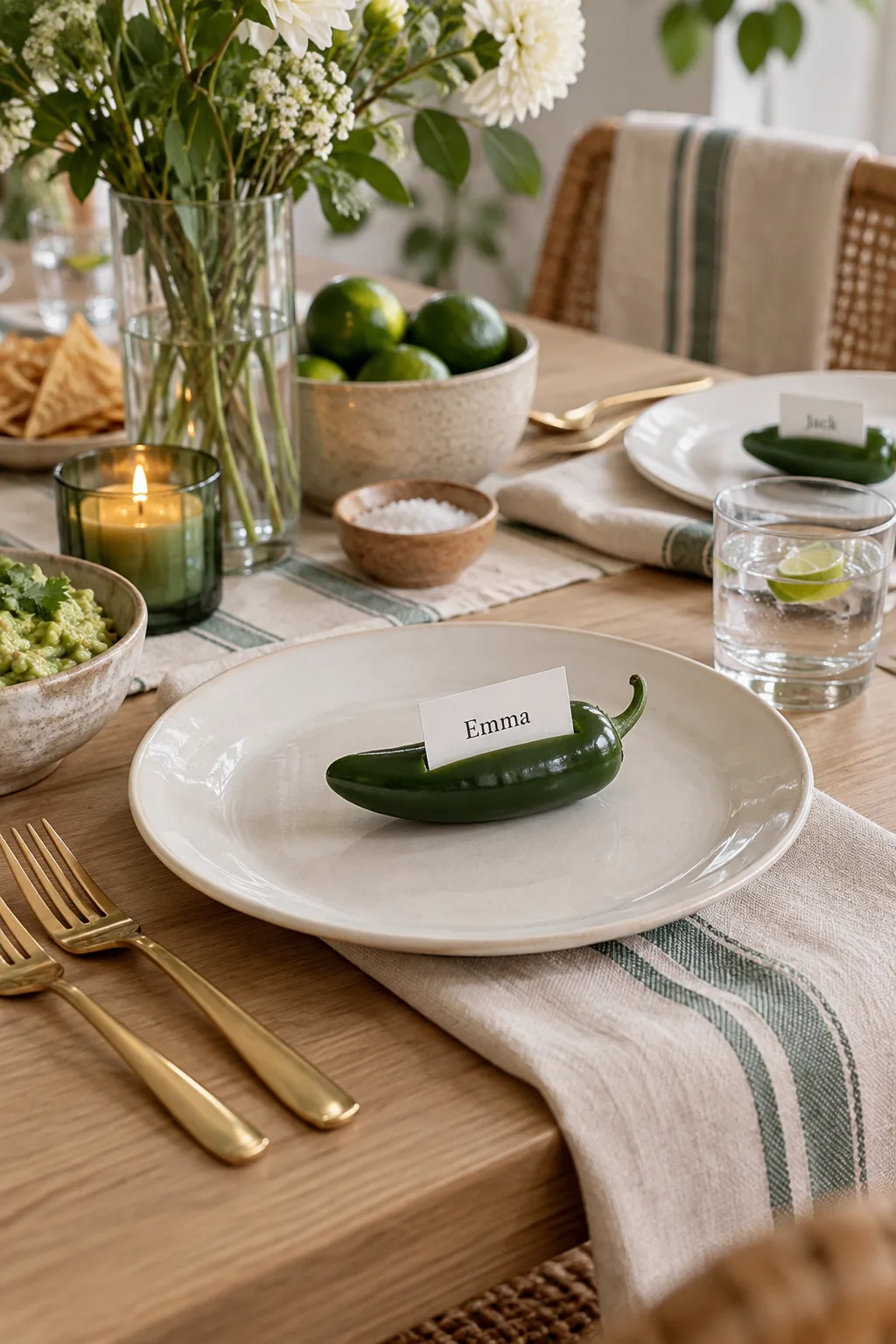 A fresh green jalape&ntilde;o pepper with a white paper name card slotted into the top, sitting on a white plate.