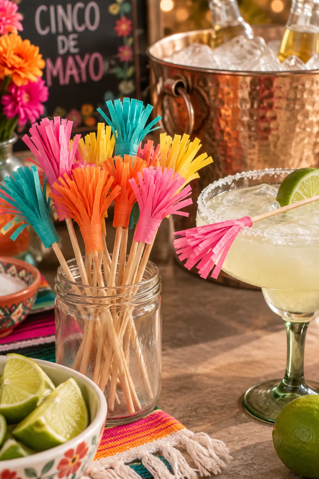 Wooden skewers topped with colorful tissue paper fringe sitting in a margarita glass.