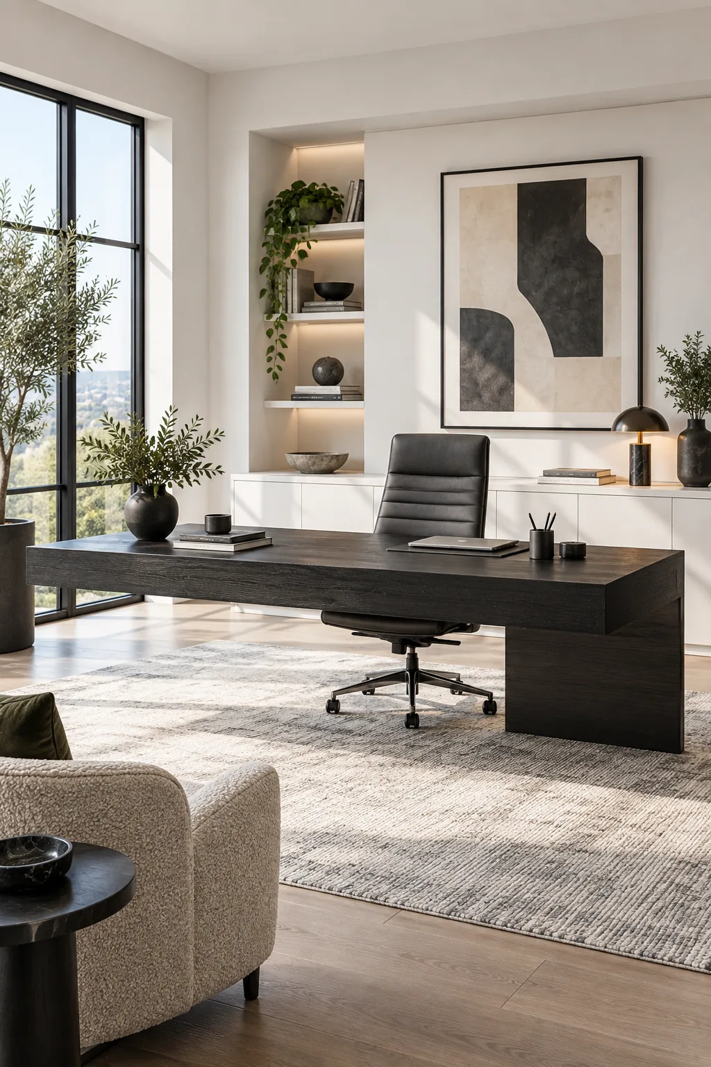 A modern executive office with a black oak desk and white built-in credenza.