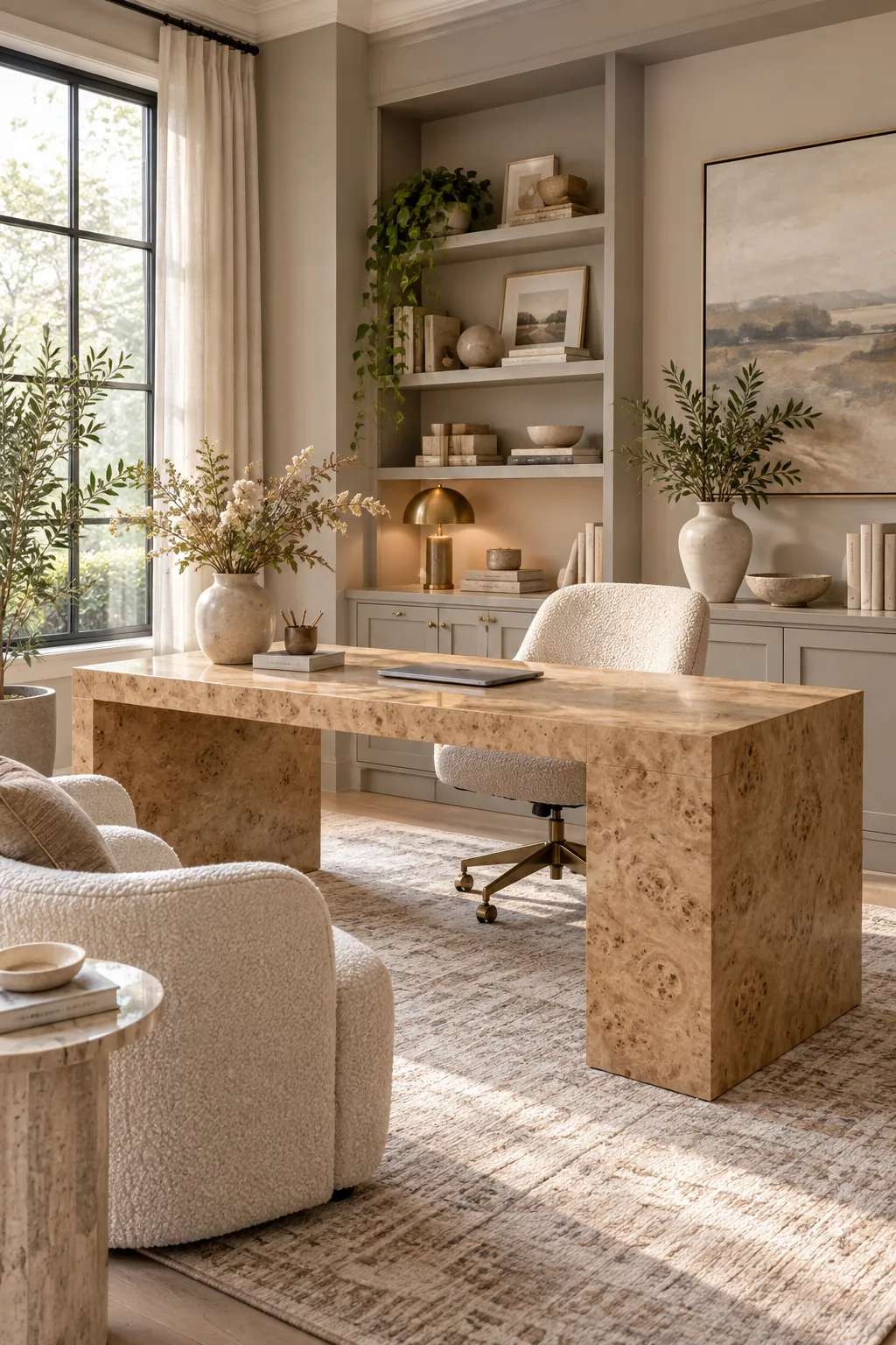 A soft transitional office featuring a burl wood desk and a cream boucl&eacute; chair.