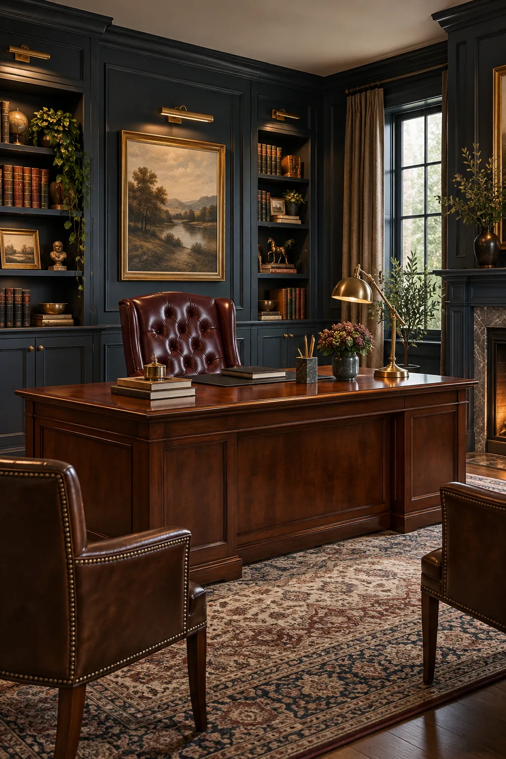 A moody traditional office with a mahogany desk and dark navy walls.