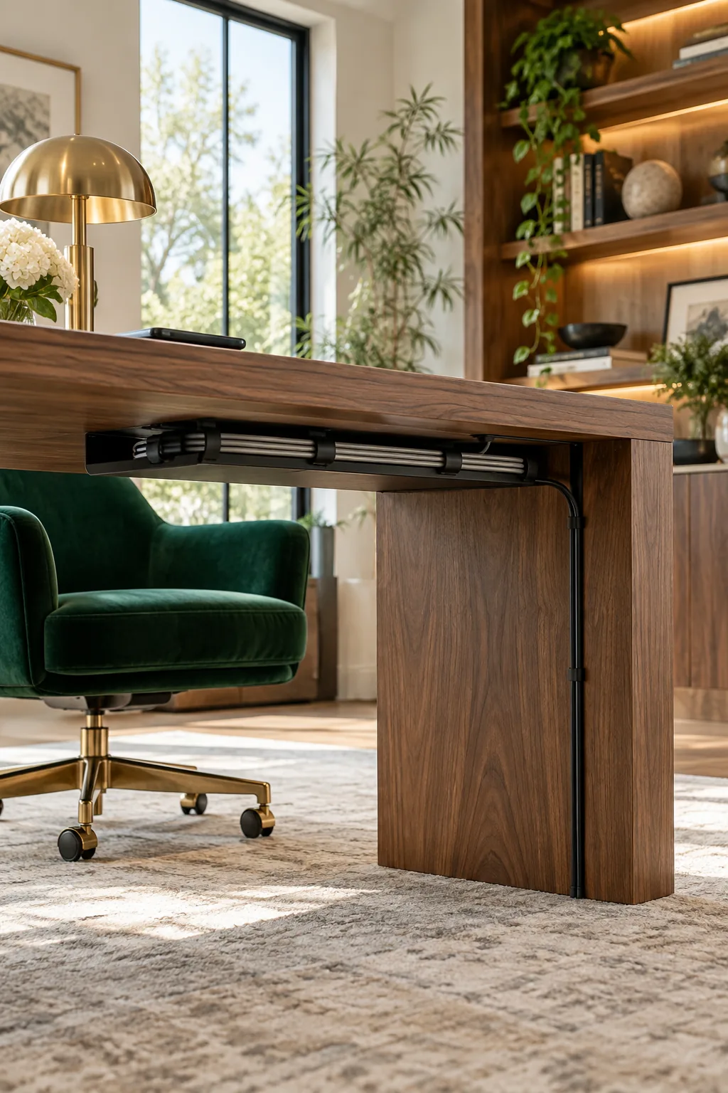 The underside of a walnut desk featuring a black metal cable tray holding neatly wrapped power cords.