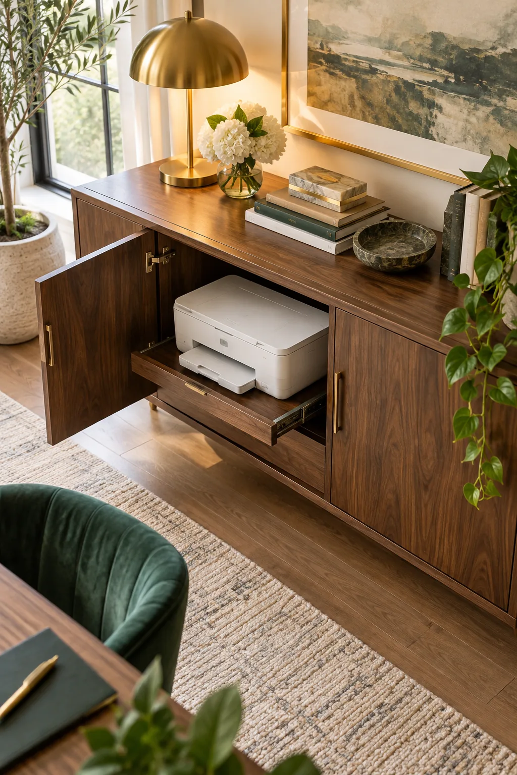 A white laser printer sits on a walnut pull-out shelf extended halfway out of a lower credenza cabinet.