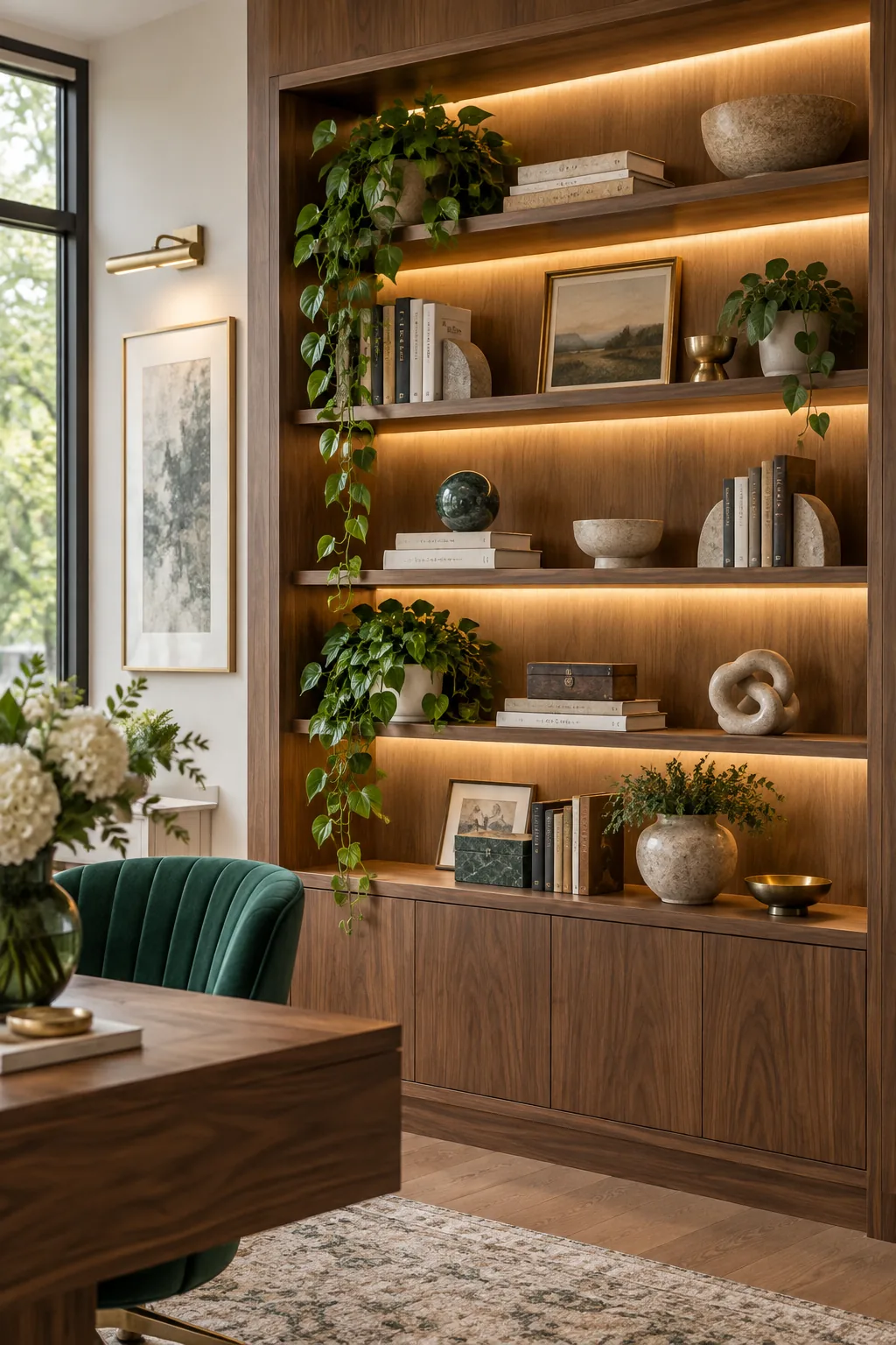 A styled walnut bookshelf with a warm, continuous light glowing from behind the back edge of the shelves.