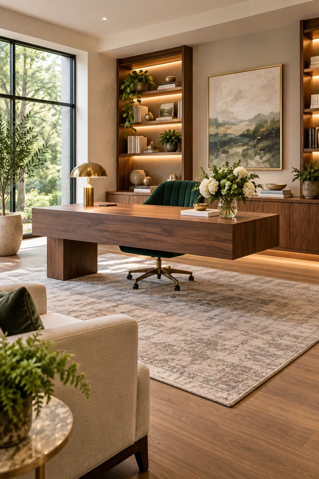 A bright executive office featuring a pristine walnut desk, an emerald velvet chair, and a neatly styled credenza without a single visible cord.