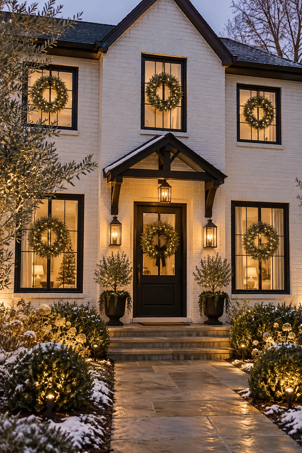 A modern farmhouse exterior decorated with warm white lights and simple olive branch wreaths.