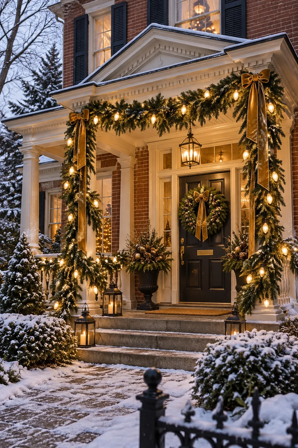 A traditional red brick home decorated with heavy pine garlands, large C9 bulbs, and gold ribbons.