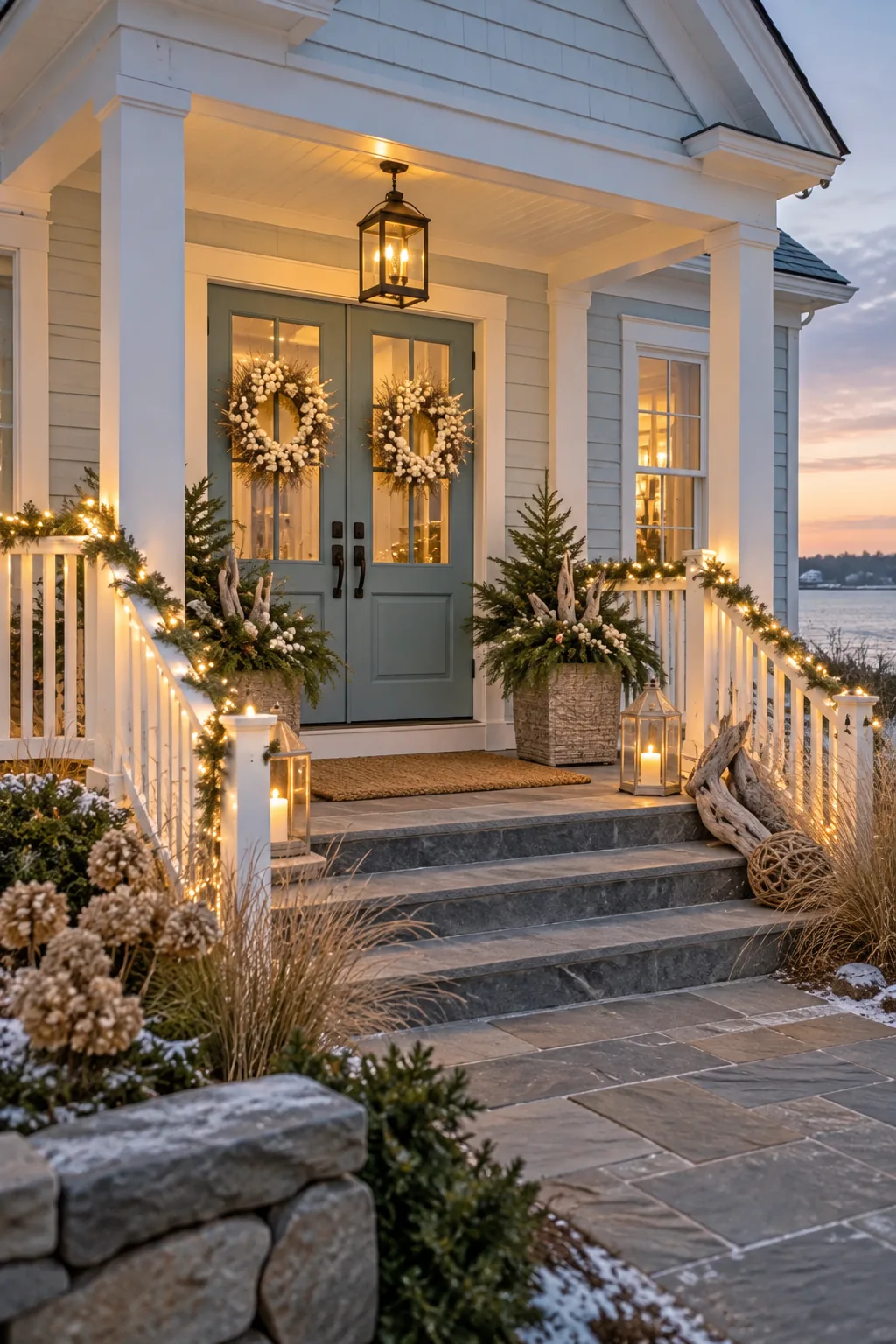 A coastal home with pale blue siding decorated with white berry wreaths and warm string lights.