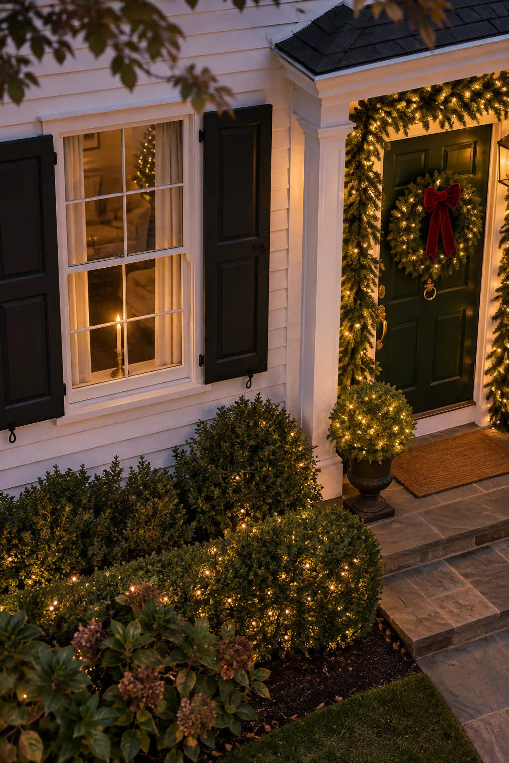A single electric taper candle glowing warmly in the center of a white colonial house window at dusk.