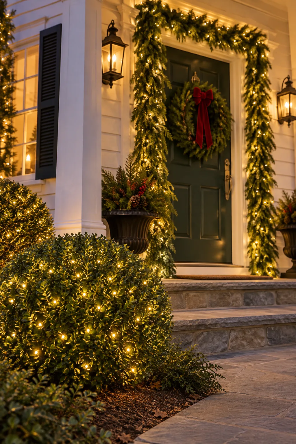Close-up of a cedar Christmas garland with warm white mini lights woven in, showing no visible wires.