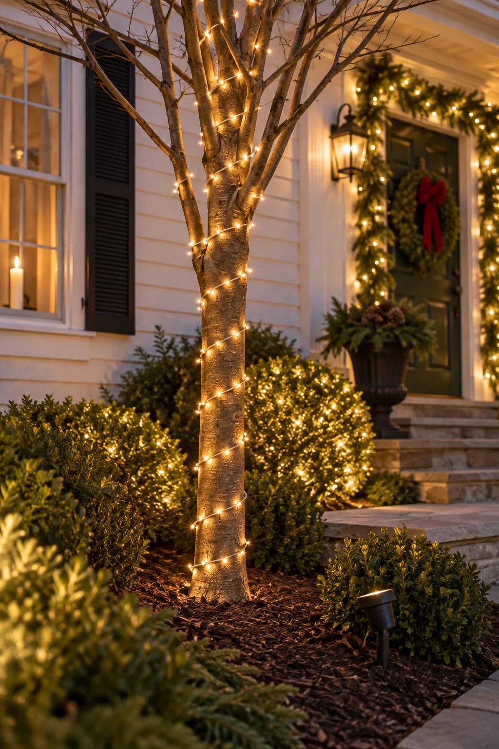 A round boxwood shrub perfectly illuminated with warm white Christmas lights at twilight.