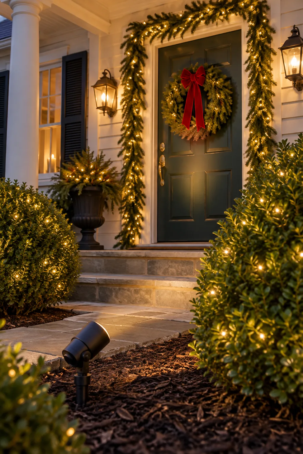 A small tree trunk wrapped in warm white Christmas lights with perfectly spaced four-inch spirals.