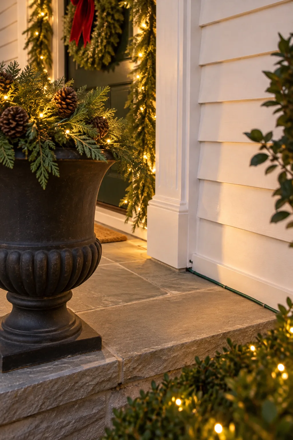 A small ground-staked spotlight in a garden bed shining upward to illuminate a Christmas wreath on a front door.