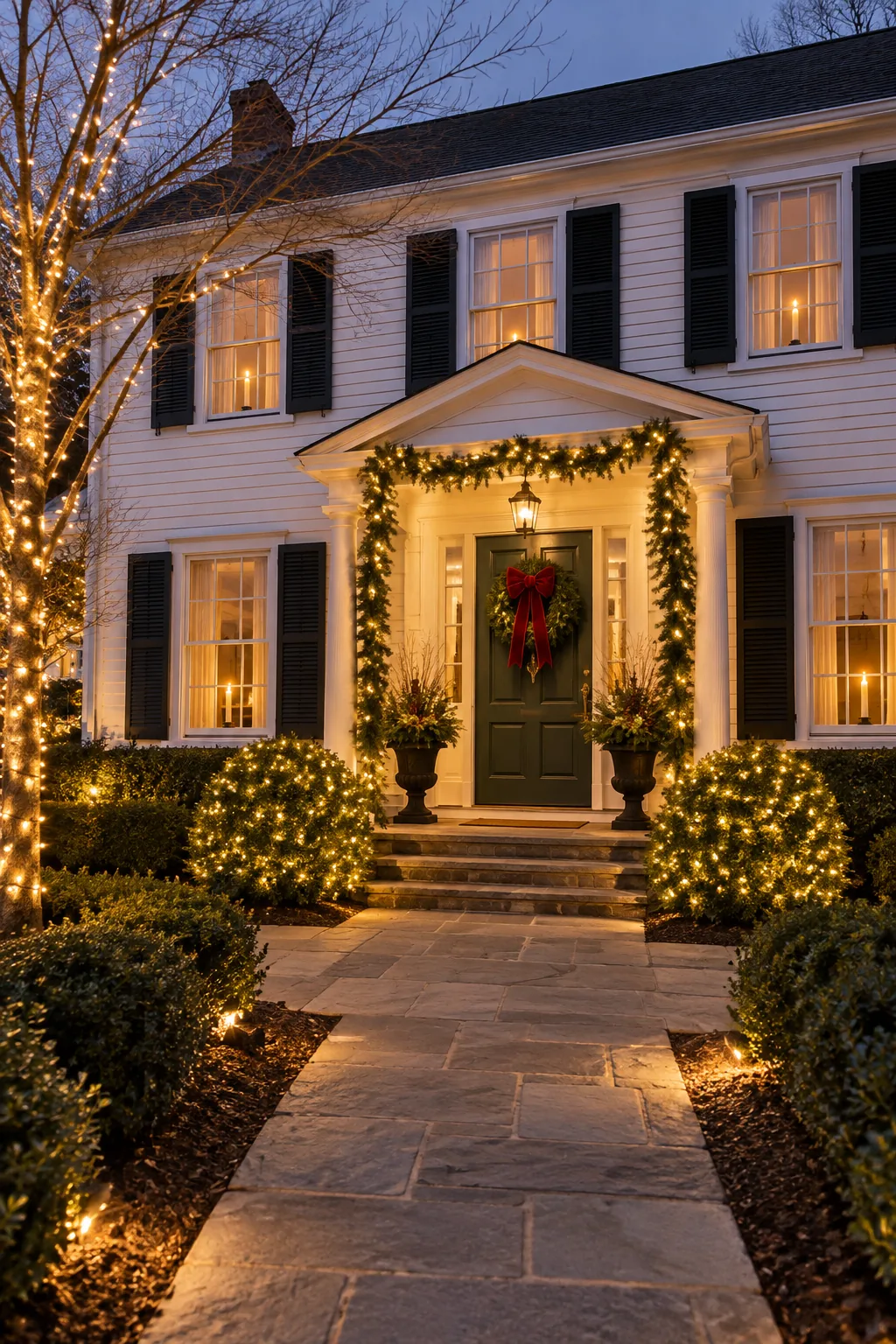A green outdoor extension cord neatly routed behind a dark porch planter.