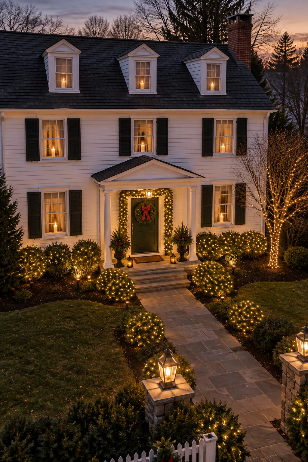 A fully decorated white colonial house at twilight with elegant, coordinated warm white Christmas lights.