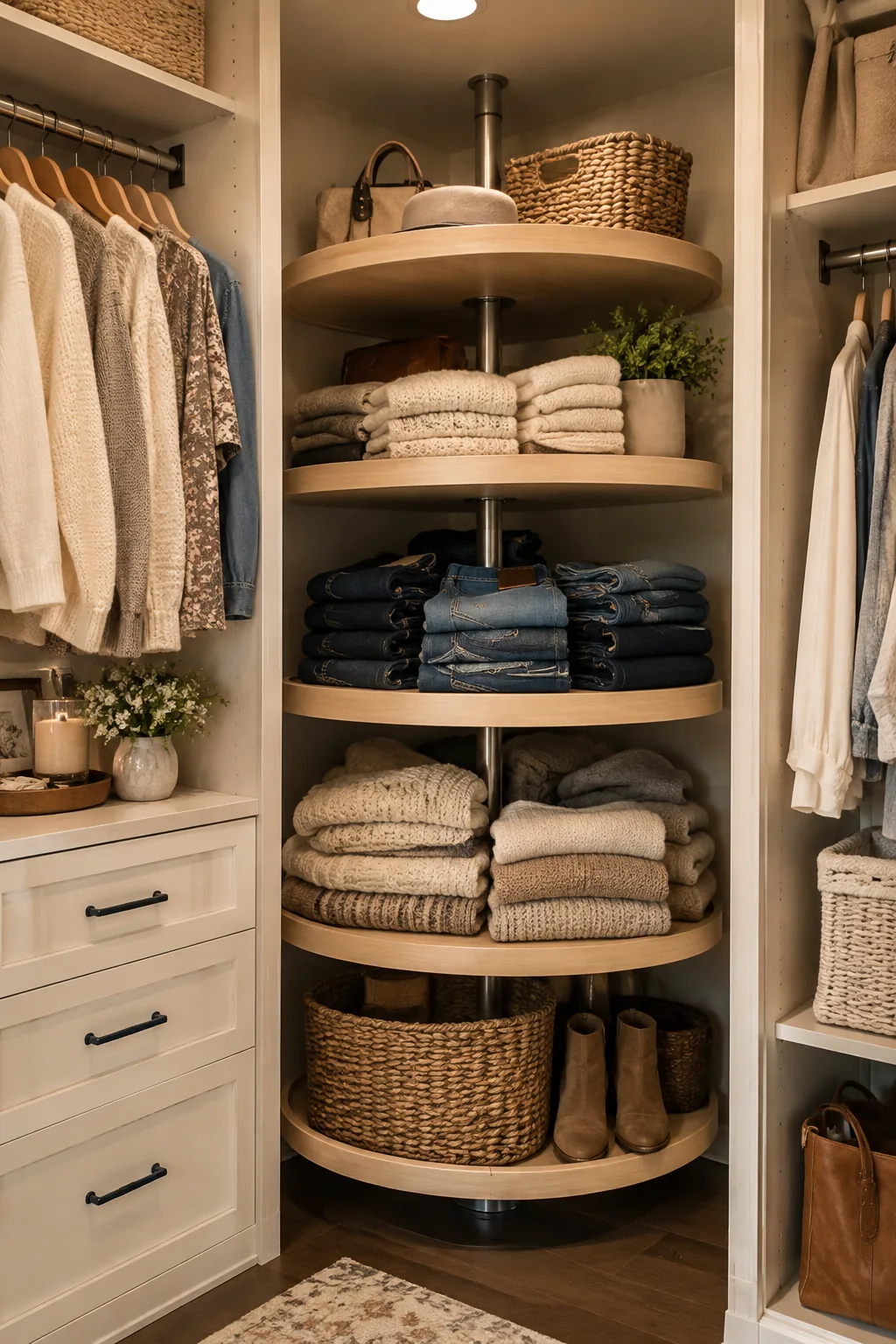 A metal spinning carousel installed in a closet corner holding neatly folded sweaters and jeans.