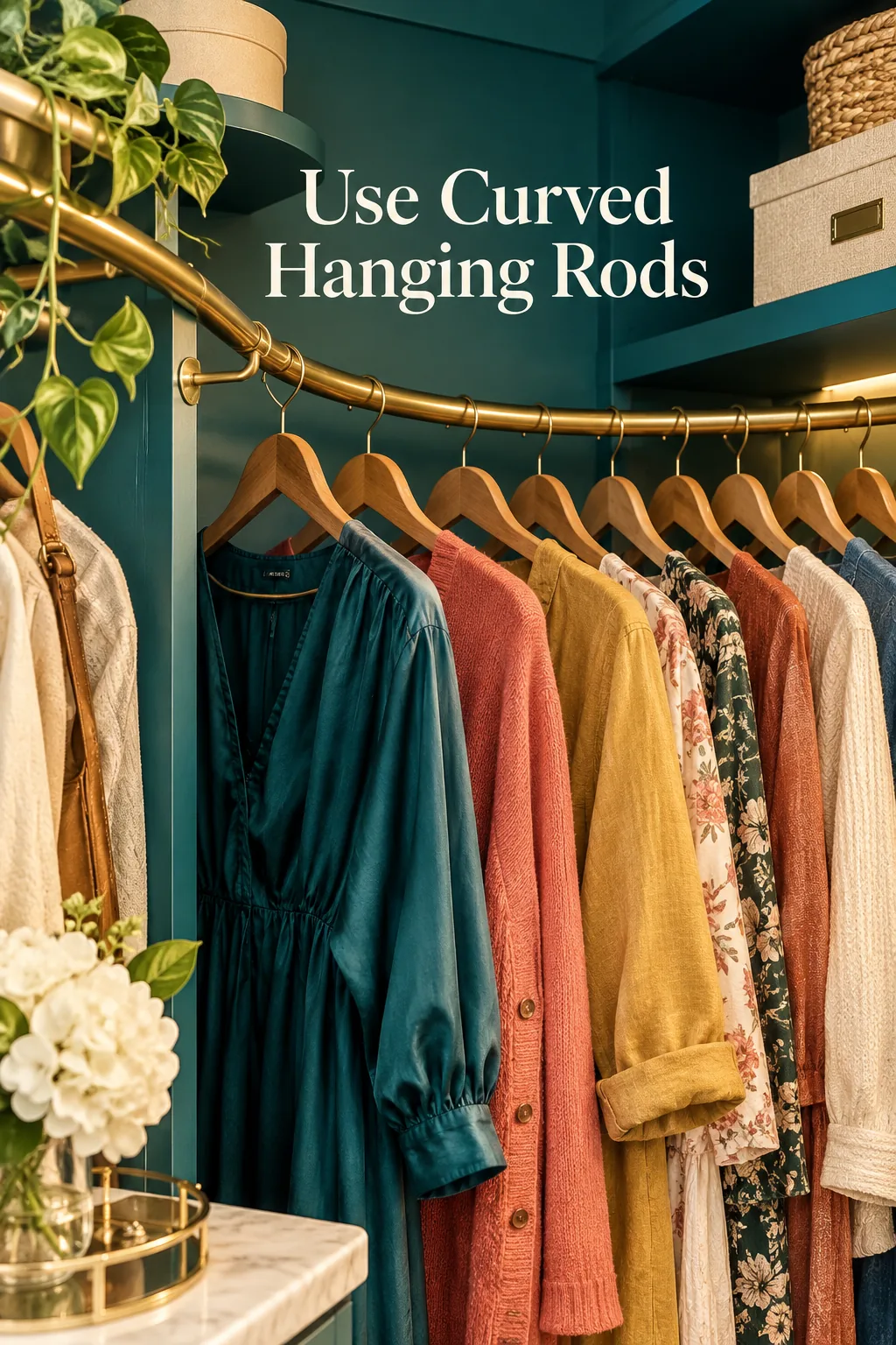 Curved metal hanging rods sweeping around a closet corner filled with hung shirts.