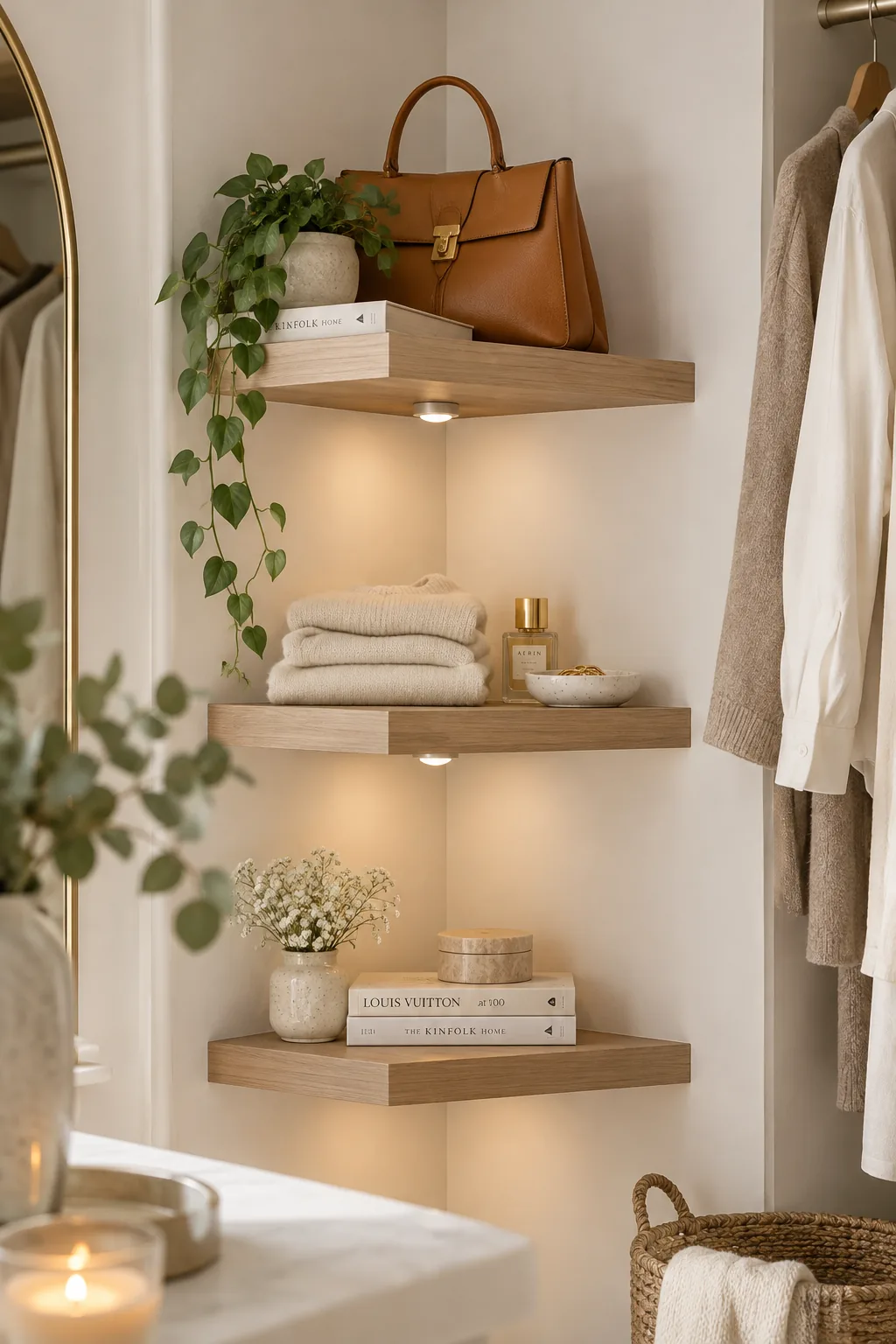 White floating shelves built into a closet corner displaying designer handbags and folded sweaters.