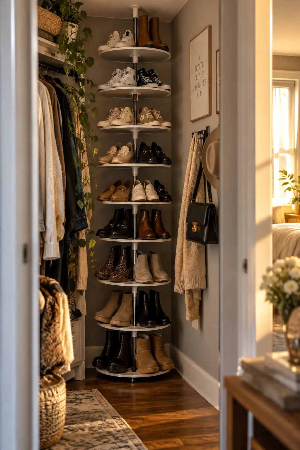 A tension pole shoe tree in a closet corner holding multiple pairs of heels and flats.
