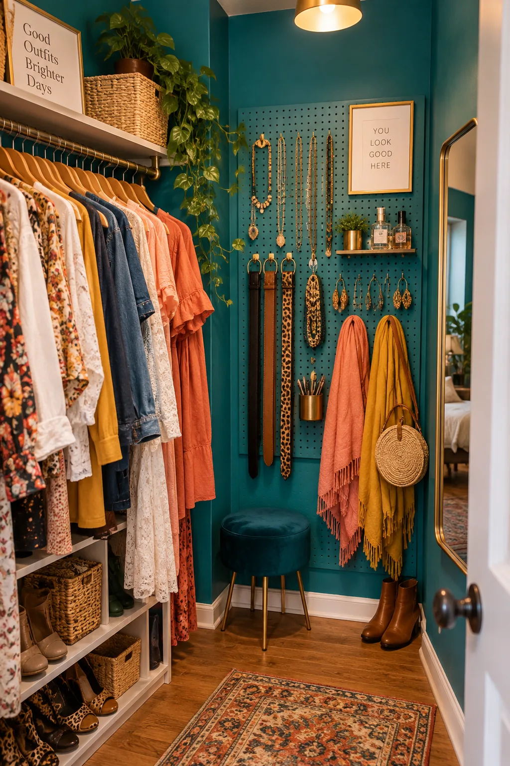 A painted pegboard mounted in a closet corner holding necklaces, belts, and sunglasses on brass hooks.