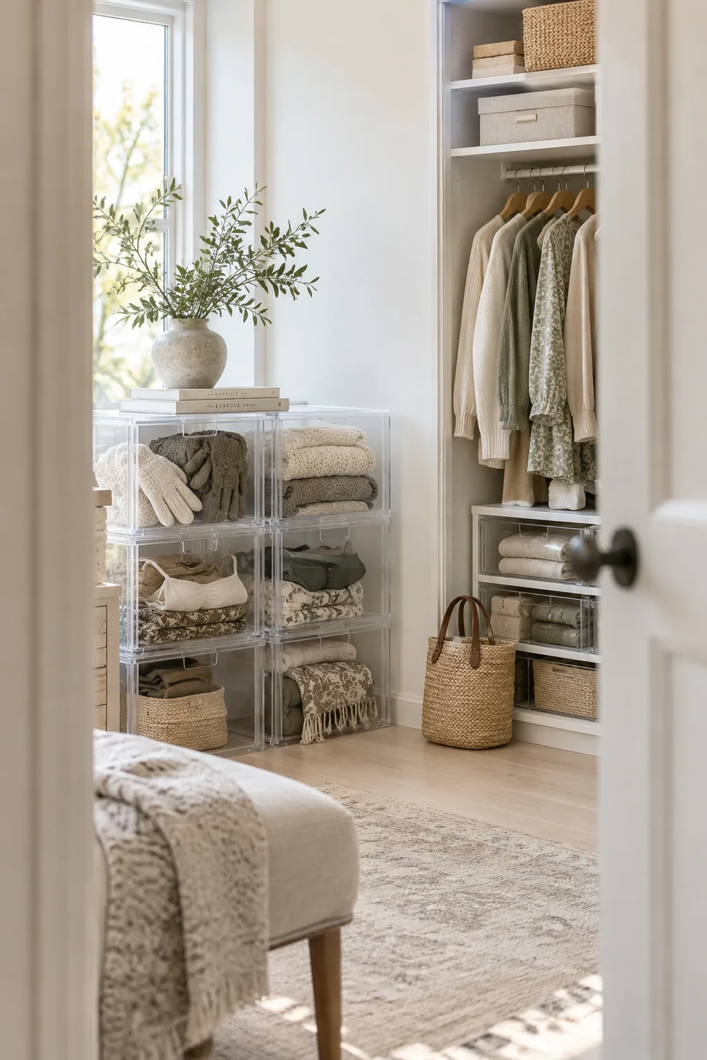 A tall stack of clear acrylic bins filled with seasonal accessories in a closet corner.