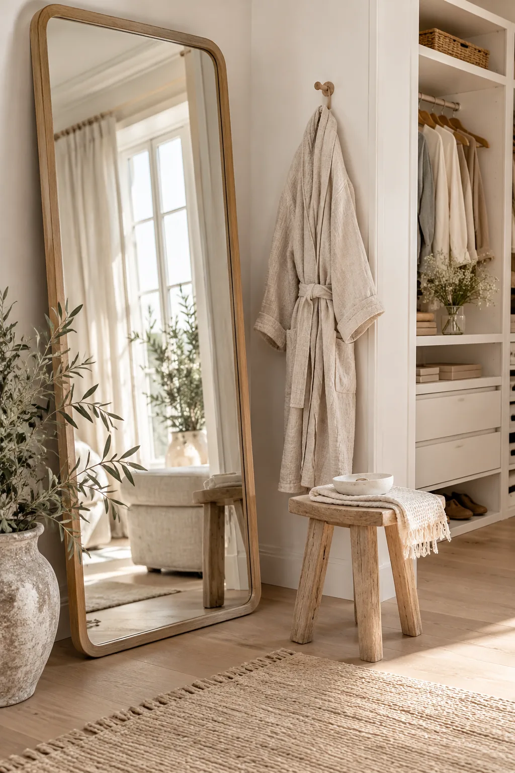 A tall floor mirror angled across a closet corner with a robe peeking out from behind.