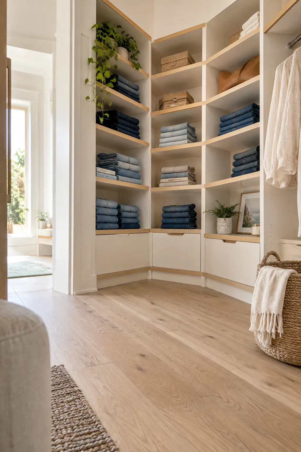 Custom wooden corner cubbies filled with neatly folded stacks of blue jeans.