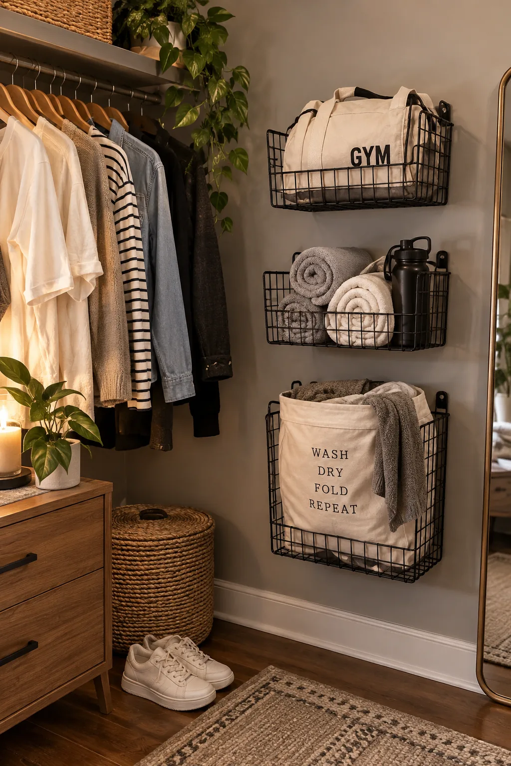 Black wire baskets mounted at staggered heights in a closet corner holding gym bags.