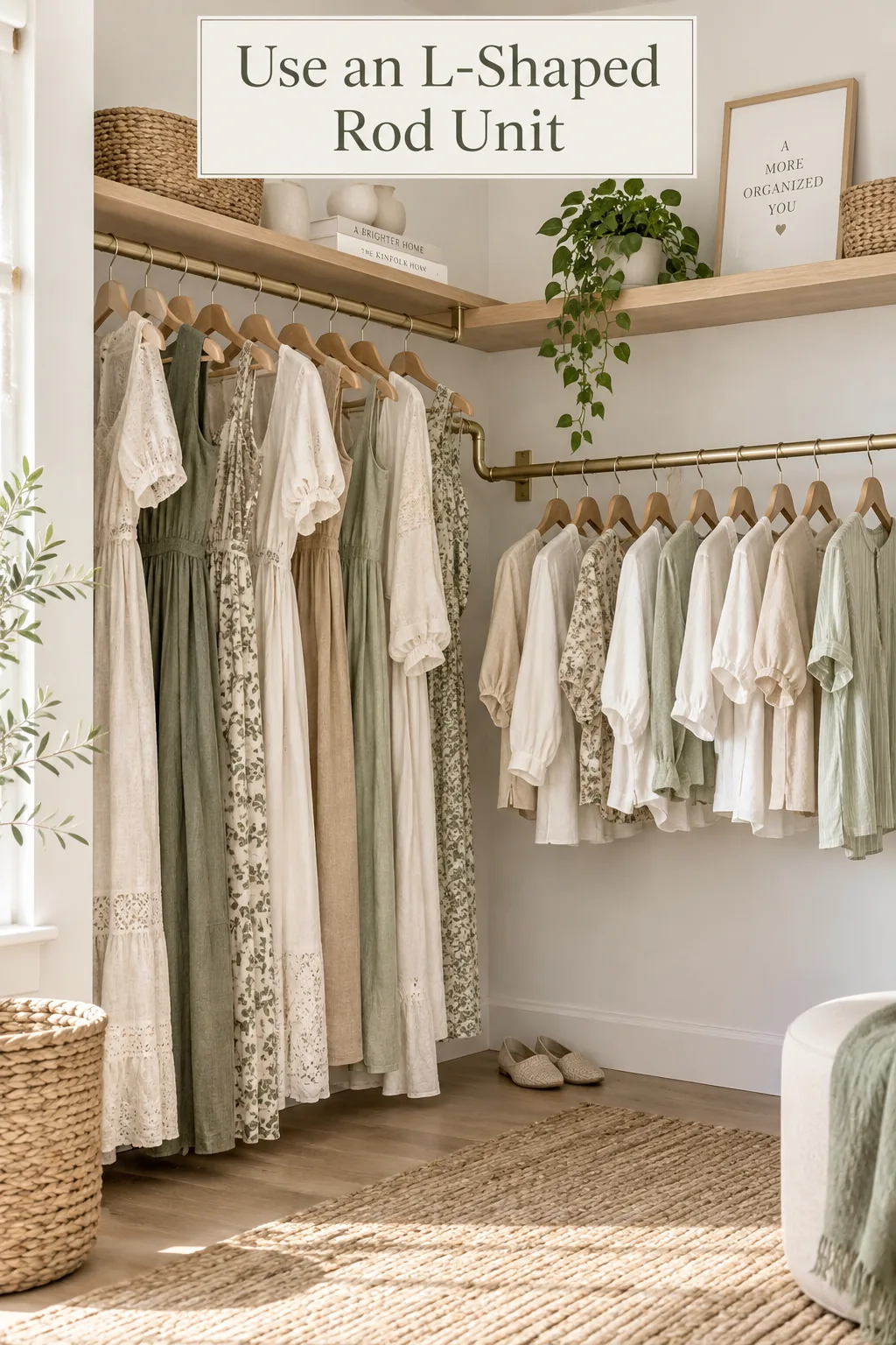 An L-shaped closet rod system with long dresses on one side and short shirts on the other.