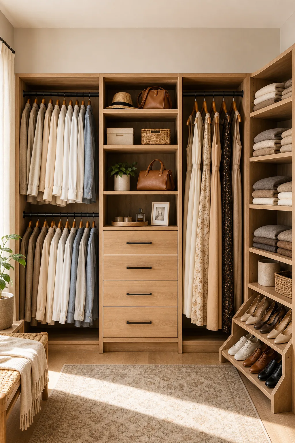 A straight-on view of a beautifully organized warm wood custom closet system with distinct storage zones.