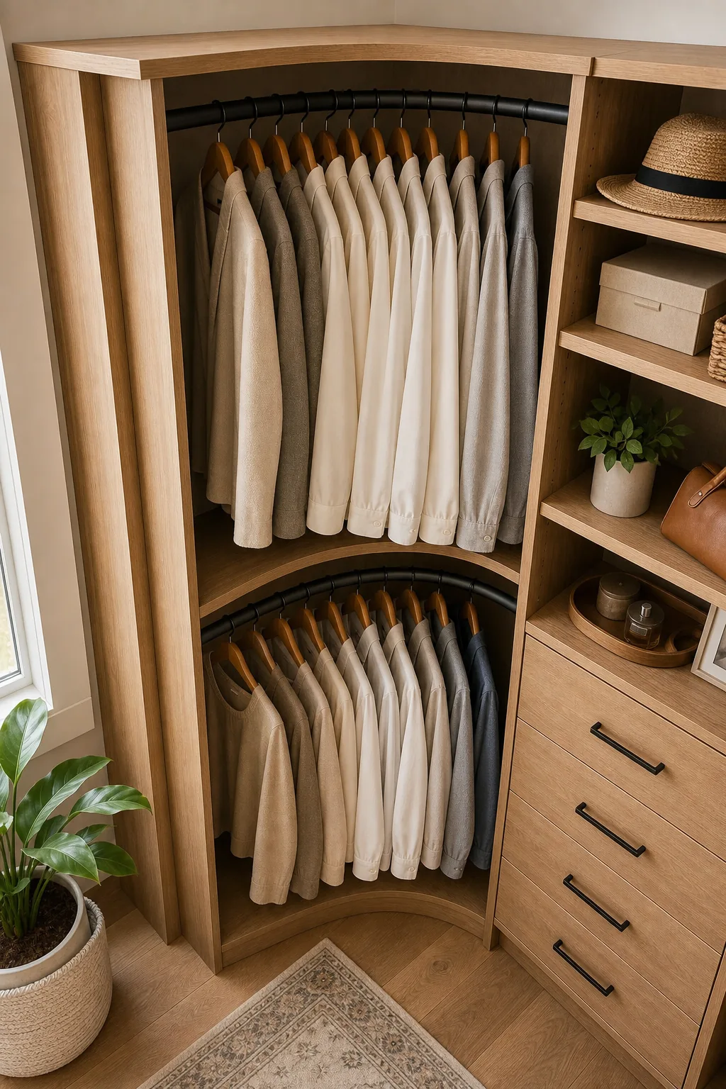 Two stacked matte black hanging rods in a wood closet, filled with neatly hanging neutral shirts.