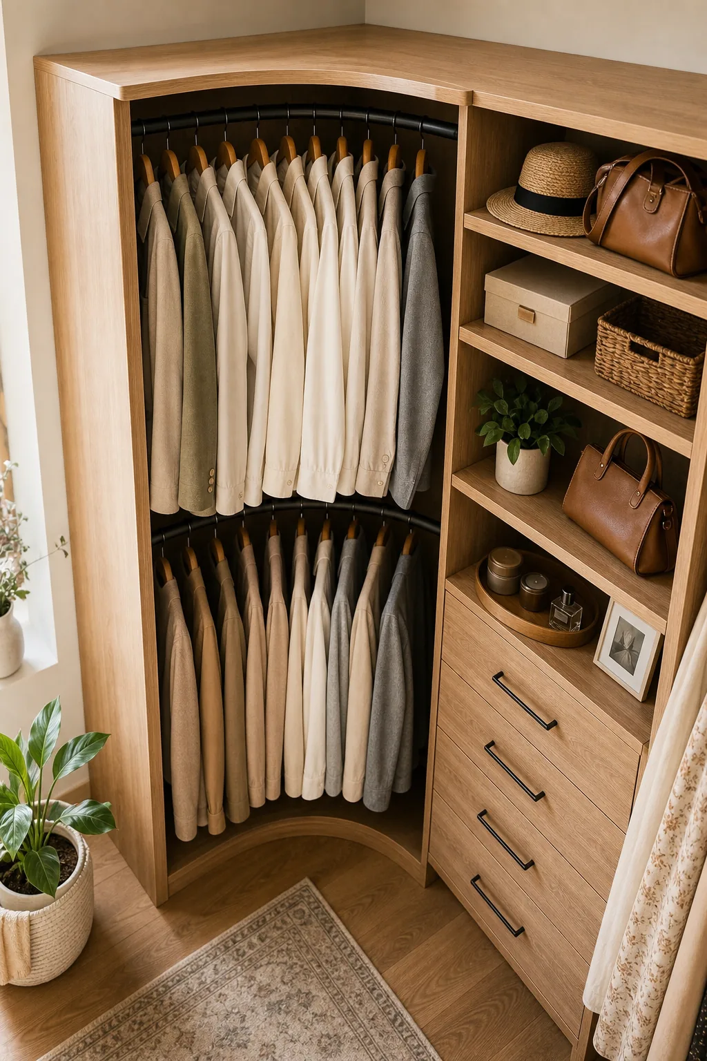 A curved matte black hanging rod installed in the corner of a warm wood closet system.