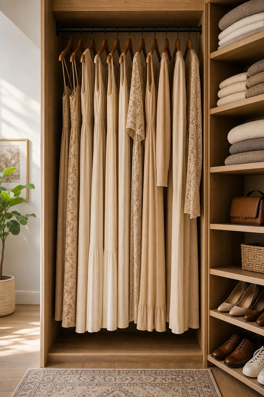 A tall vertical closet section featuring long beige dresses hanging freely above the floor.