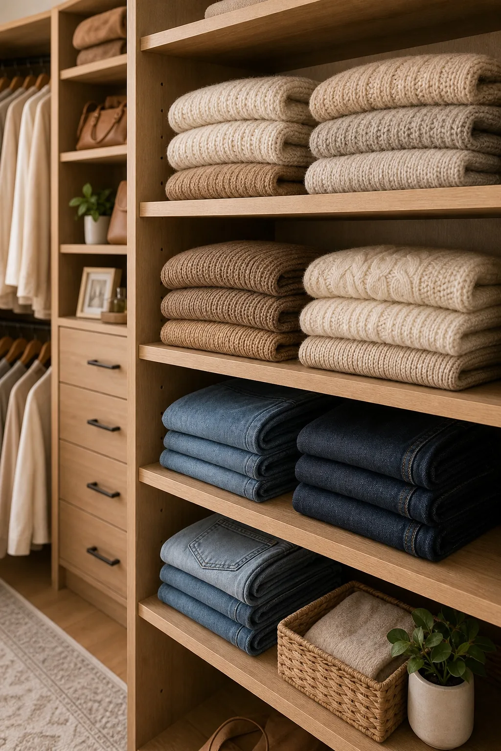 Perfectly folded stacks of neutral sweaters resting on 14-inch deep warm wood closet shelves.