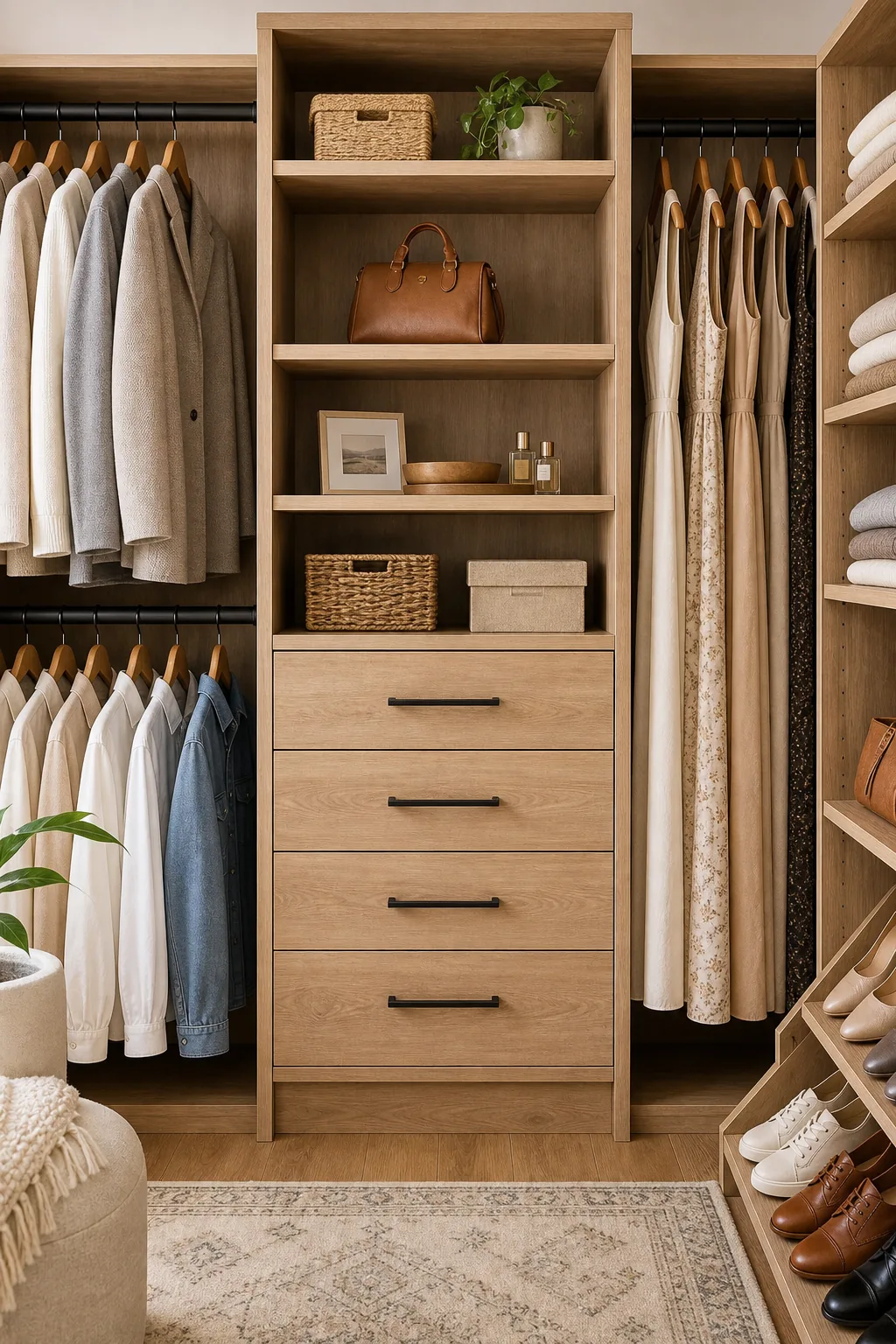 A central wooden closet tower featuring lower drawers with black pulls and upper open shelving.