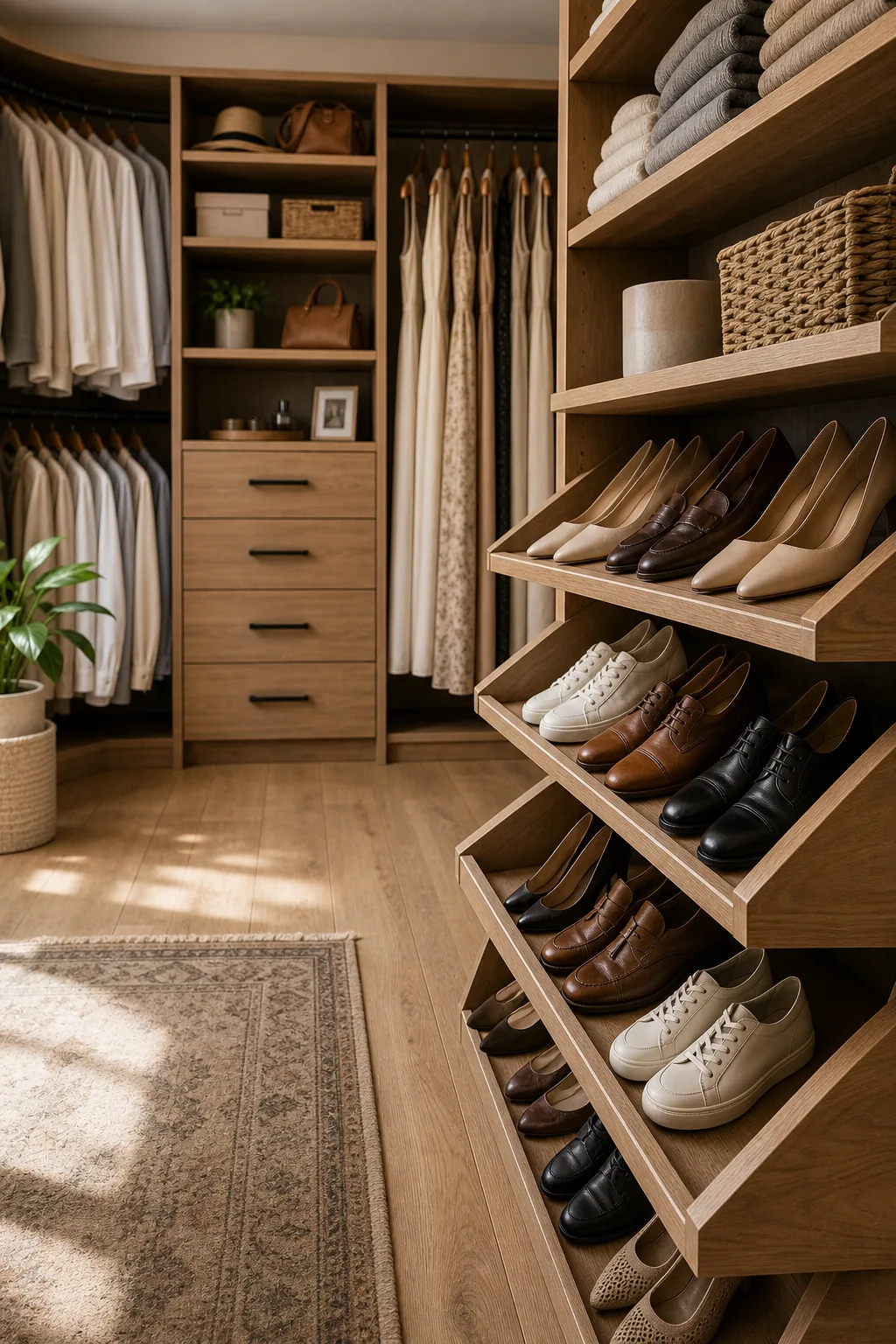 Slanted wooden shoe shelves with a front lip displaying leather footwear at a downward angle.