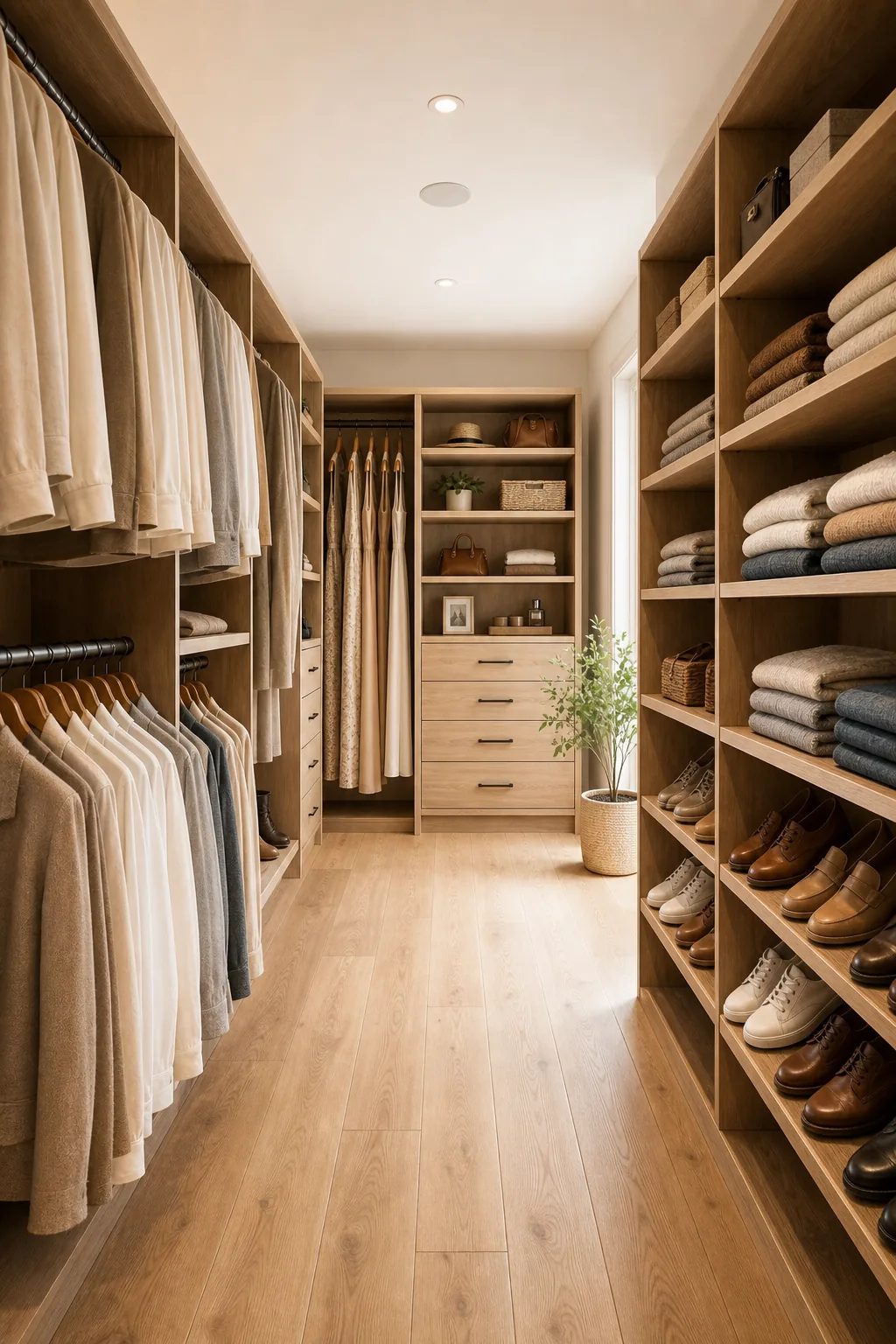 A clear, wide walkway down the center of a custom walk-in closet featuring wood floors and built-ins.